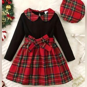 Holiday Dress 2pc Set Plaid Dress With Bow Belt and Plaid Beret size 4Y